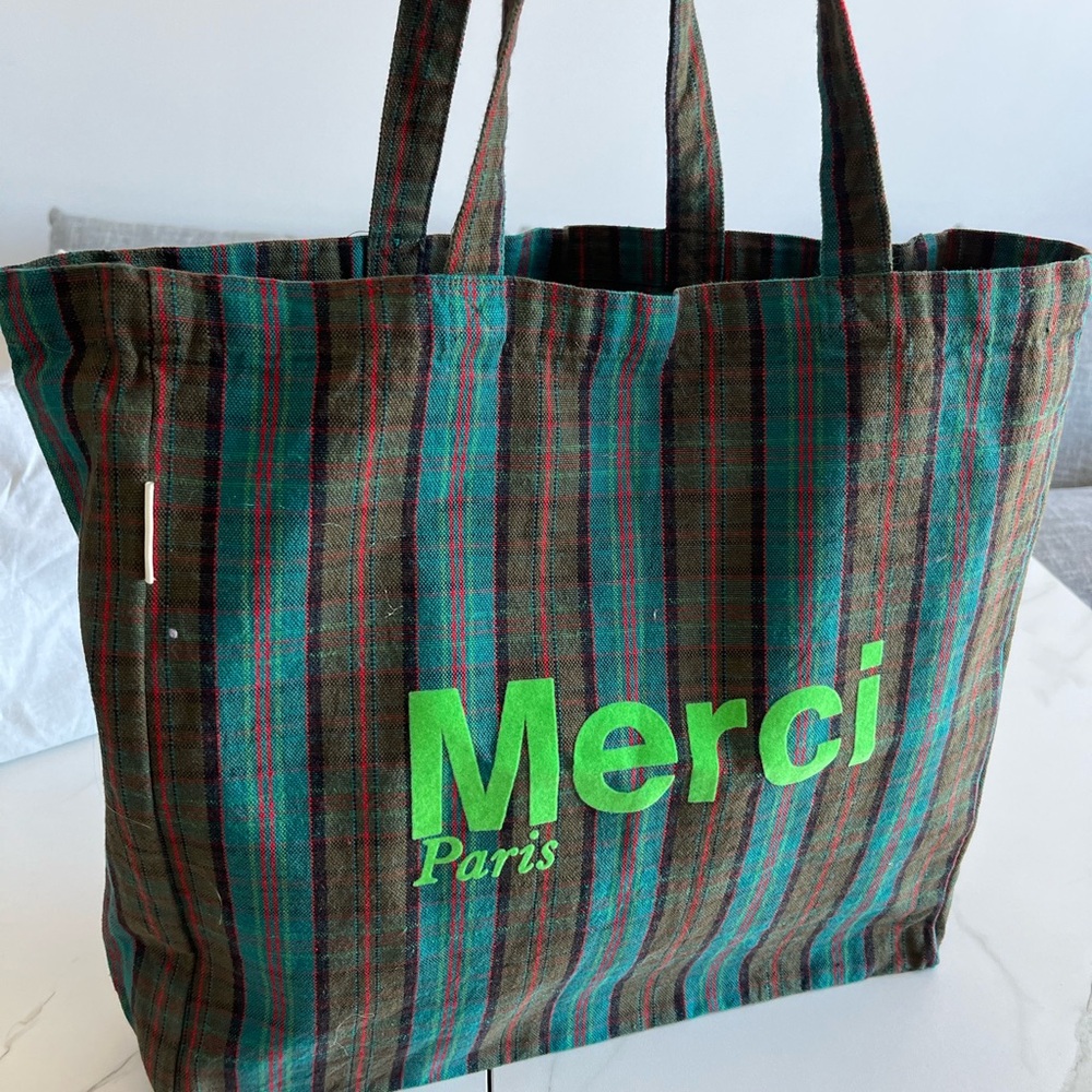 Merci Cotton Tote Bag - Blue, Brown & Green